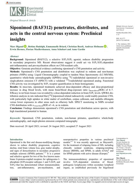 Siponimod (BAF312) penetrates, distributes, and acts in the .